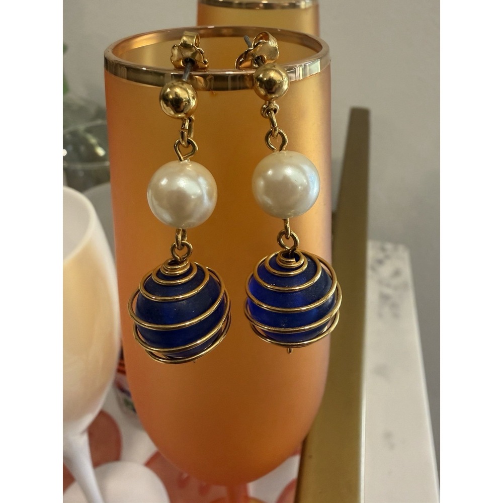 Blue Gold Tone Wire Wrapped Faux Pearl Dangle Earrings Statement 1.5"